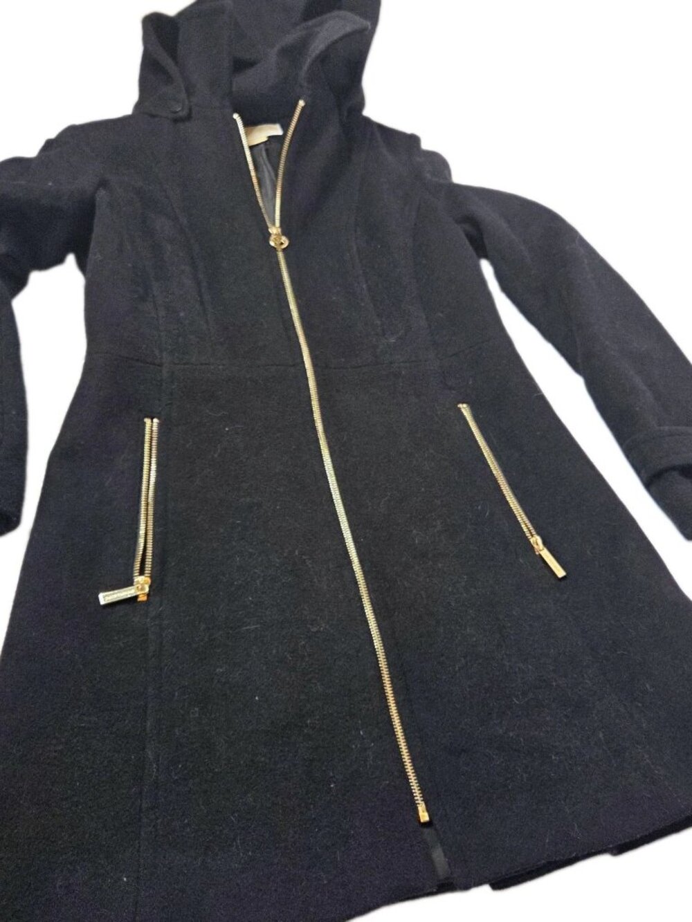 Michael Kors Women's S Hooded Zip-Up Mid-Length Wool Blend Coat